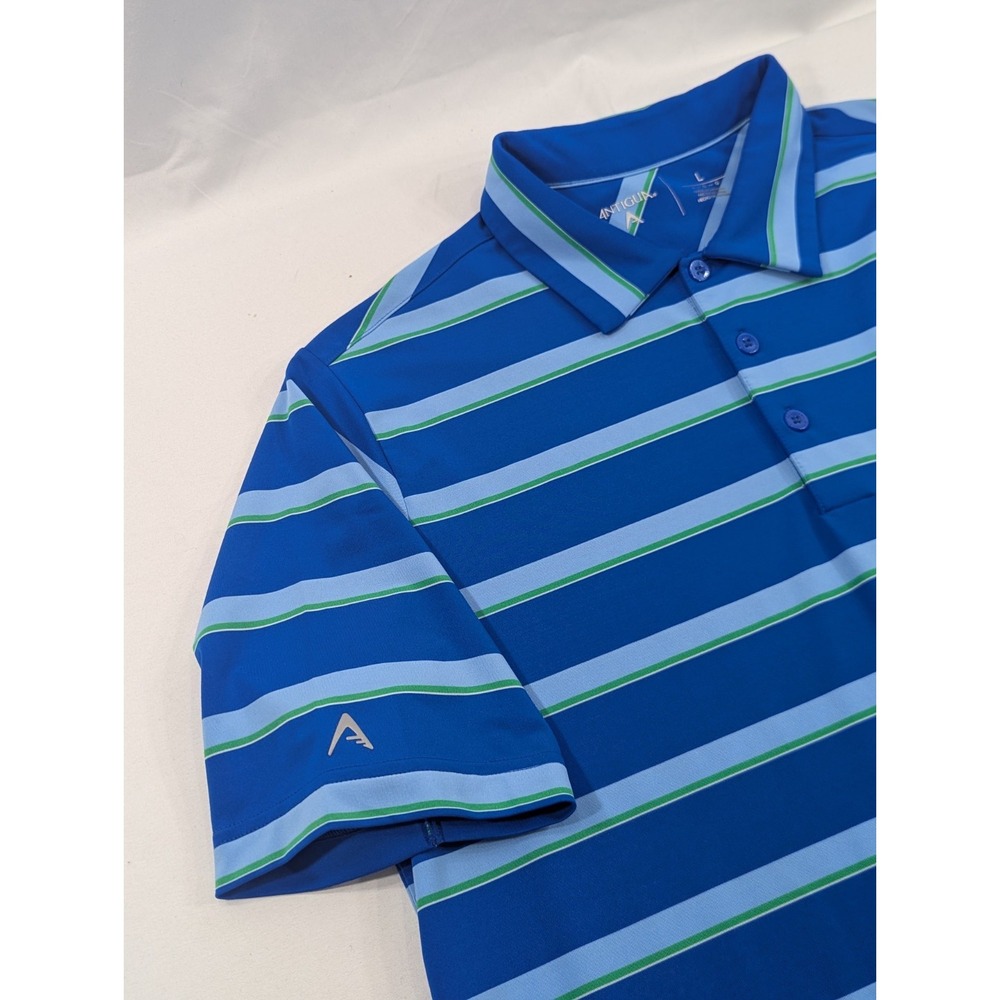 Antigua Men's‎ Polo Shirt Blue Green Striped Large Performance Cochiti Golf Club